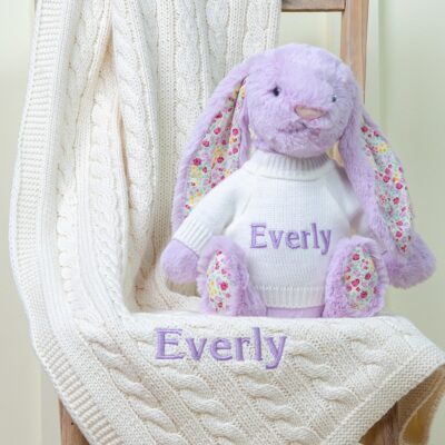 Personalised Toffee Moon luxury cream cable blanket and Jellycat lilac blossom bunny baby gift set