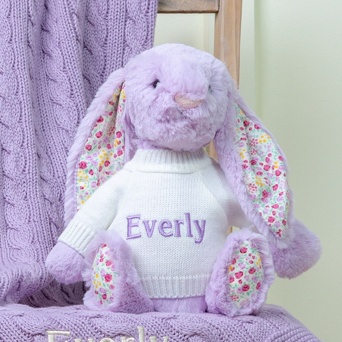 Personalised Toffee Moon luxury lilac cable blanket and Jellycat lilac blossom bunny baby gift set