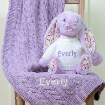 Personalised Toffee Moon luxury lilac cable blanket and Jellycat lilac blossom bunny baby gift set