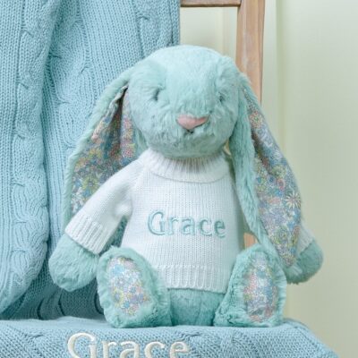 Personalised Toffee Moon luxury sage cable blanket and Jellycat sage blossom bunny baby gift set 3