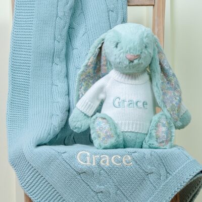 Personalised Toffee Moon luxury sage cable blanket and Jellycat sage blossom bunny baby gift set