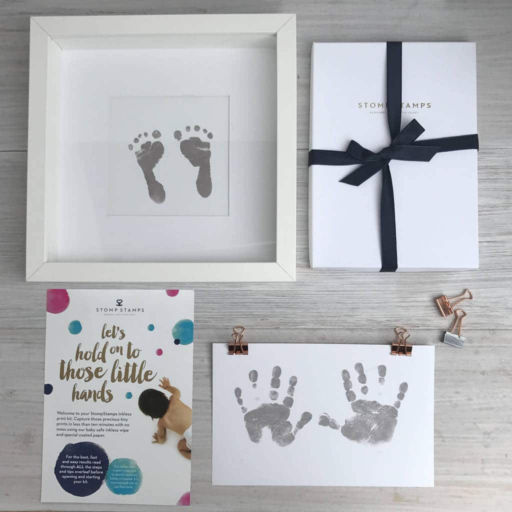 baby foot and hand print with gift box
