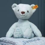 My First Steiff Teddy Bear blue soft toy and Toffee Moon luxury cable blanket gift set Baby Gift Sets 3