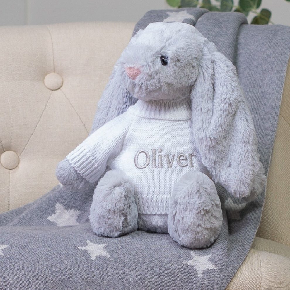 Peter rabbit personalised blue baby comfort blanket and soft toy rattle