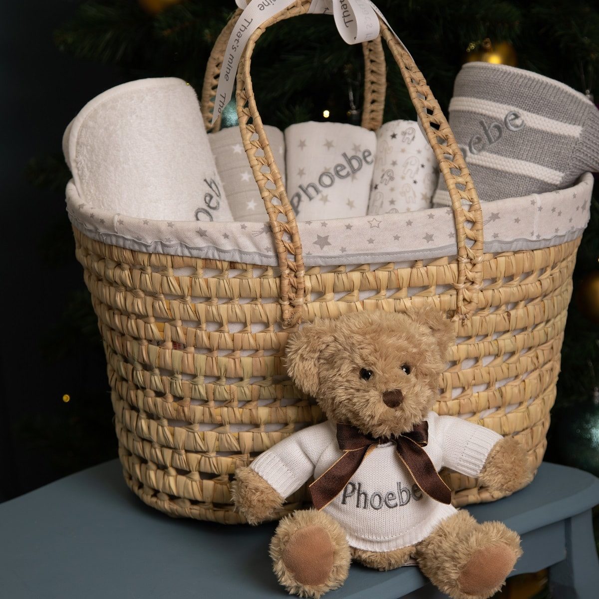 Personalised white and grey baby gift basket with sherwood bear soft toy