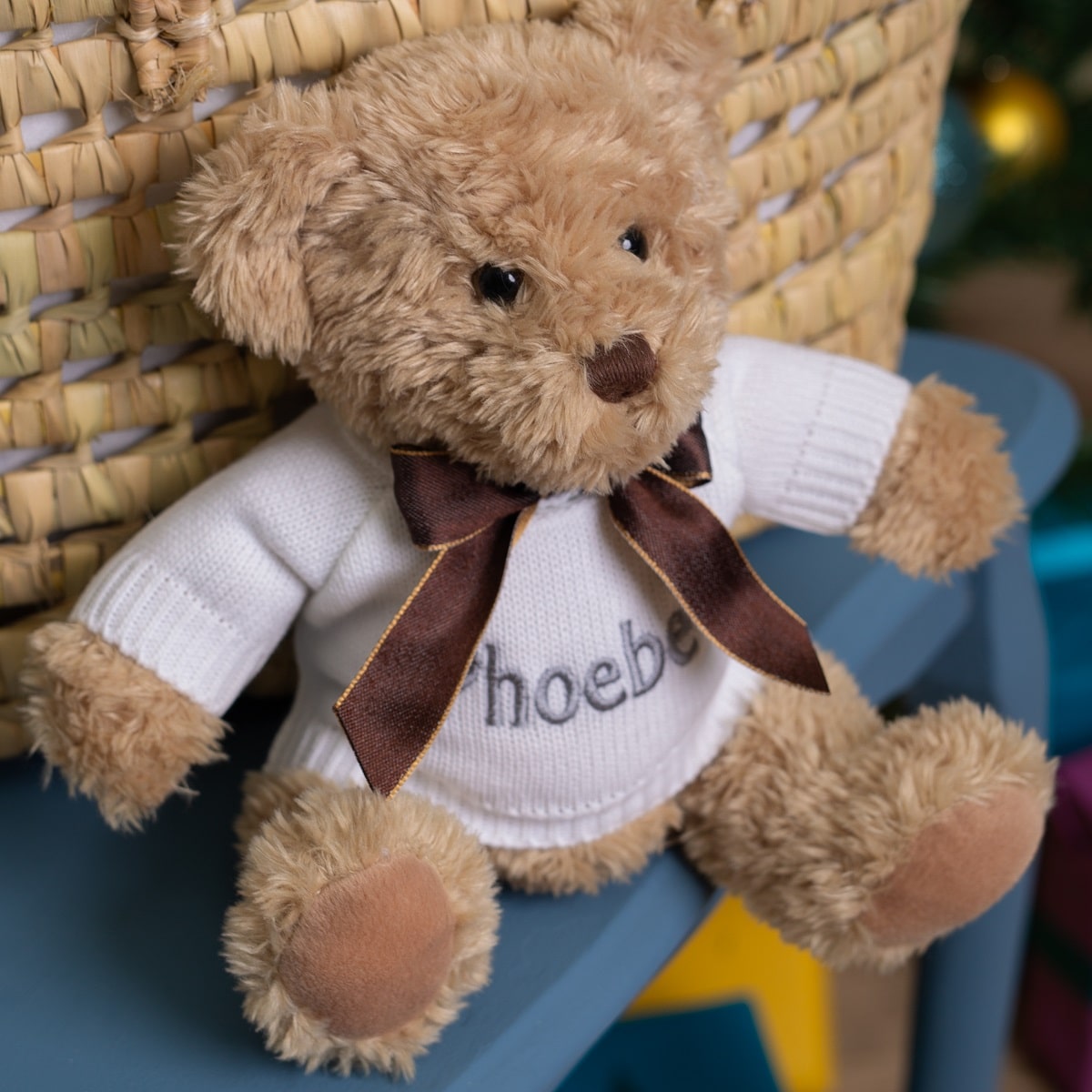 Personalised white and grey baby gift basket with sherwood bear soft toy