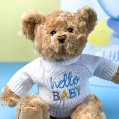 Keeleco recycled small Dougie gift bear soft toy with blue ‘Hello Baby’ jumper 2