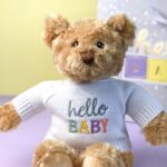 Keeleco recycled small Dougie gift bear soft toy with grey ‘Hello Baby’ jumper Baby Shower Gifts 4