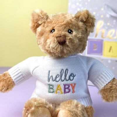 Keeleco recycled small Dougie gift bear soft toy with grey ‘Hello Baby’ jumper Baby Shower Gifts 3