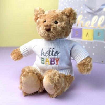 Keeleco recycled small Dougie gift bear soft toy with grey ‘Hello Baby’ jumper For Babies