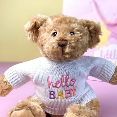 Keeleco recycled small Dougie gift bear soft toy with pink ‘Hello Baby’ jumper Baby Shower Gifts 2