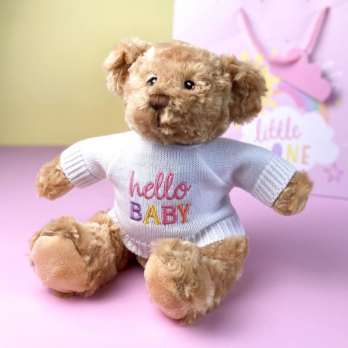 Keeleco recycled small Dougie gift bear soft toy with pink ‘Hello Baby’ jumper Baby Shower Gifts 2