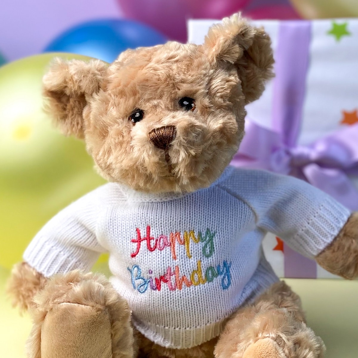Keeleco recycled small Dougie gift bear soft toy with 'Happy Birthday' jumper