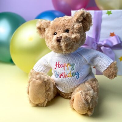 Keeleco recycled small Dougie gift bear soft toy with ‘Happy Birthday’ jumper 2