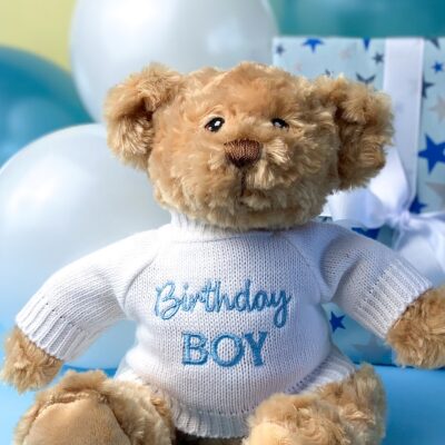 Keeleco recycled small Dougie gift bear soft toy with ‘Birthday Boy’ jumper 2