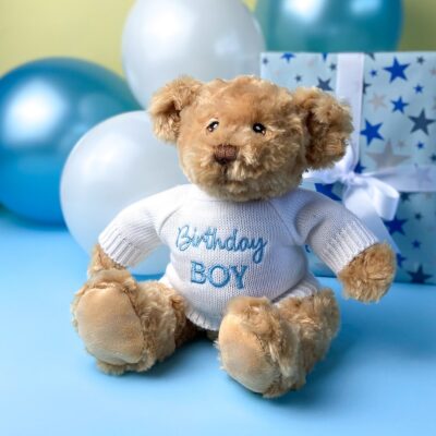 Keeleco recycled small Dougie gift bear soft toy with ‘Birthday Boy’ jumper