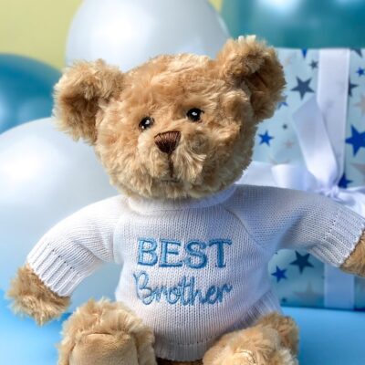 Keeleco recycled small Dougie gift bear soft toy with ‘Best Brother’ jumper 2