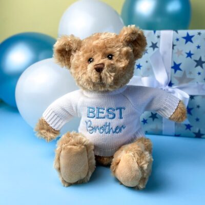 Keeleco recycled small Dougie gift bear soft toy with ‘Best Brother’ jumper For Babies