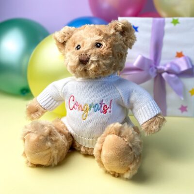 Keeleco recycled small Dougie gift bear soft toy with ‘Congrats’ jumper For Children