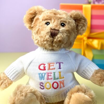 Keeleco recycled small Dougie gift bear soft toy with ‘Get Well Soon’ jumper 3