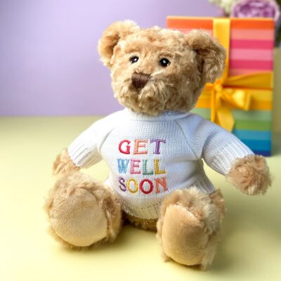 Keeleco recycled small Dougie gift bear soft toy with ‘Get Well Soon’ jumper For Babies 2