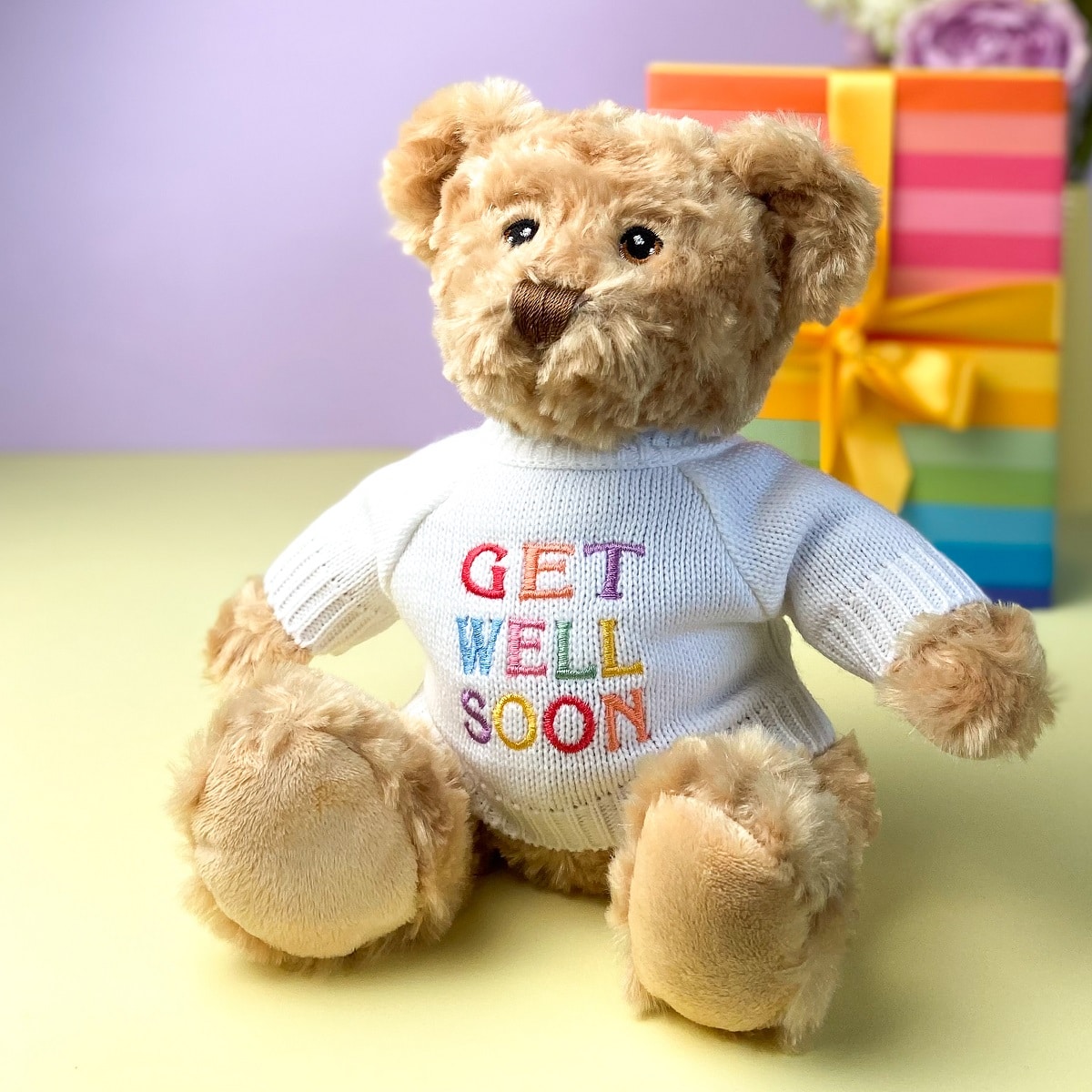 Keeleco recycled small Dougie gift bear soft toy with 'Get Well Soon' jumper