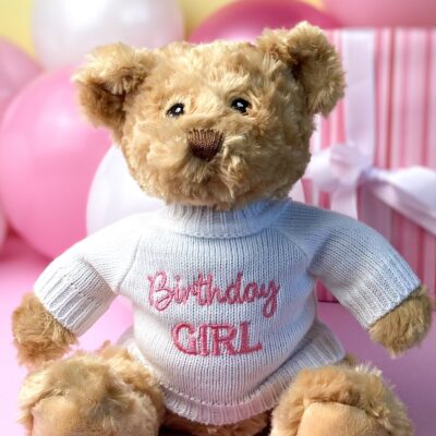 Keeleco recycled small Dougie gift bear soft toy with ‘Birthday Girl’ jumper Birthday Gifts 2