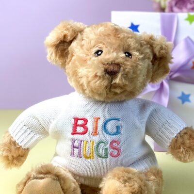 Keeleco recycled small Dougie gift bear soft toy with ‘Big Hugs’ jumper 2