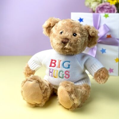 Keeleco recycled small Dougie gift bear soft toy with ‘Big Hugs’ jumper For Babies