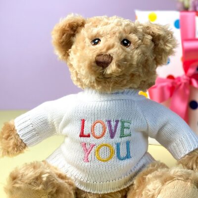 Keeleco recycled small Dougie gift bear soft toy with ‘Love You’ jumper 2