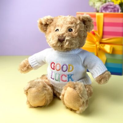 Keeleco recycled small Dougie gift bear soft toy with ‘Good Luck’ jumper