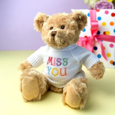 Keeleco recycled small Dougie gift bear soft toy with ‘Miss You’ jumper Birthday Gifts 2