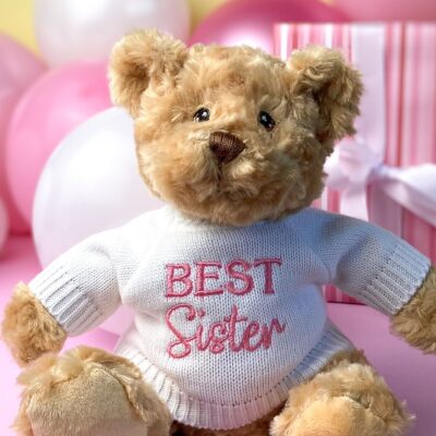 Keeleco recycled small Dougie gift bear soft toy with ‘Best Sister’ jumper For Babies 2