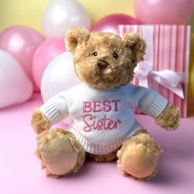 Keeleco recycled small Dougie gift bear soft toy with ‘Best Sister’ jumper