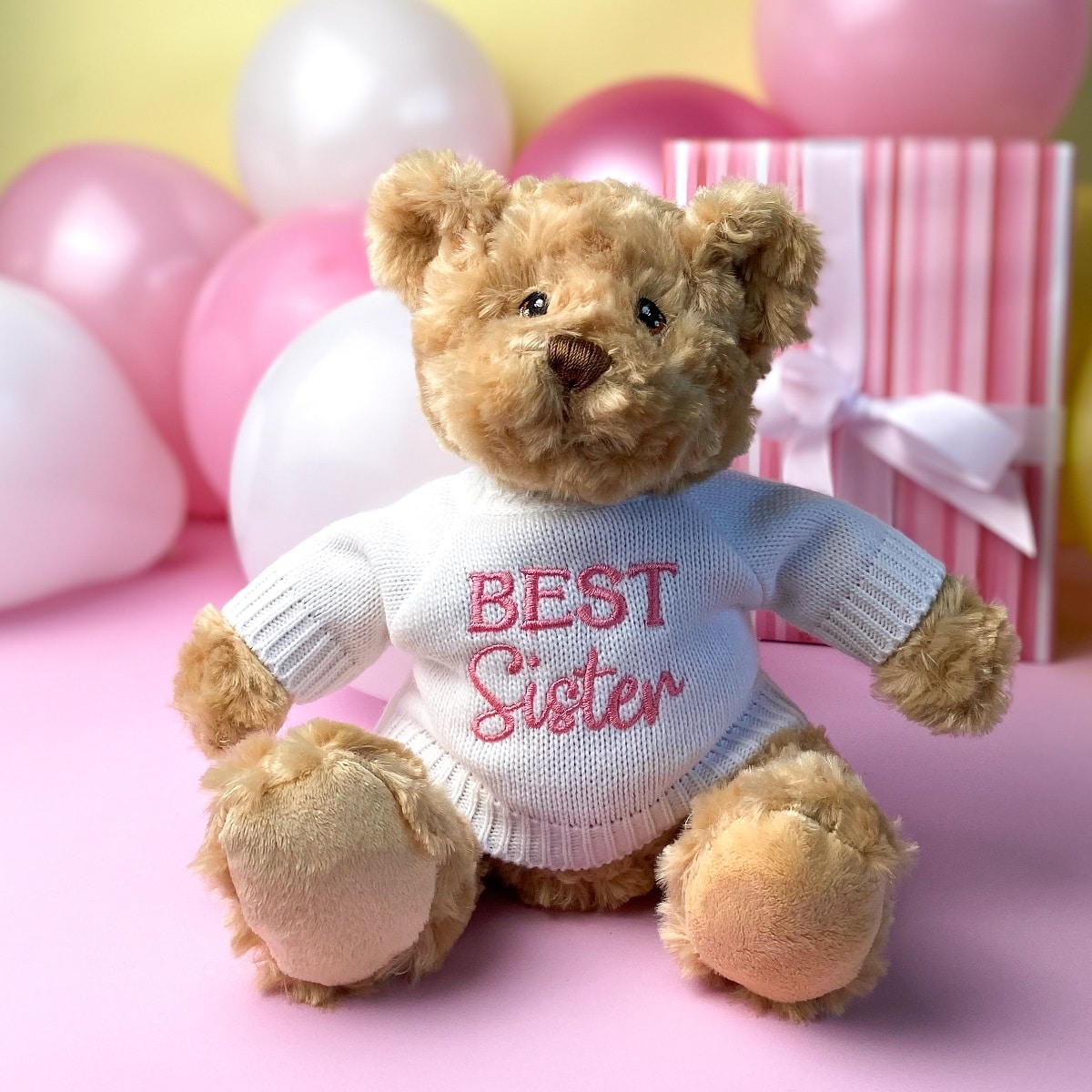 Keeleco recycled small Dougie gift bear soft toy with 'Best Sister' jumper