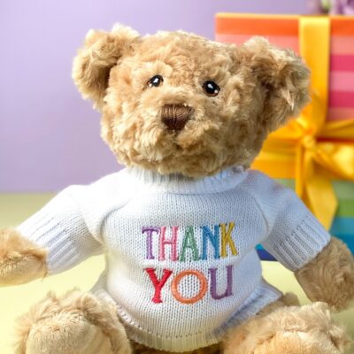 Keeleco recycled small Dougie gift bear soft toy with ‘Thank You’ jumper Business Gifts 2