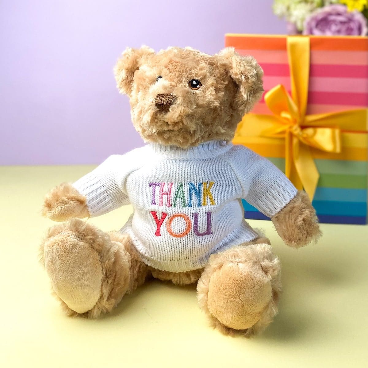 Keeleco recycled small Dougie gift bear soft toy with 'Thank You' jumper