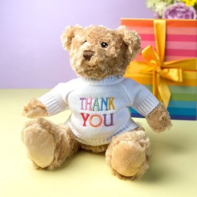 Keeleco recycled small Dougie gift bear soft toy with ‘Thank You’ jumper For Her