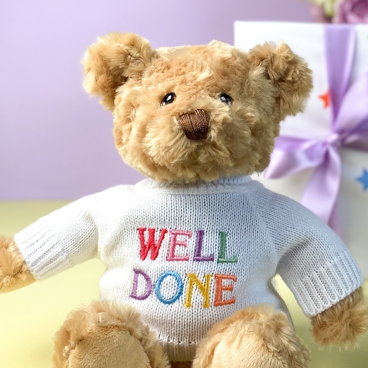Keeleco recycled small Dougie gift bear soft toy with 'Well Done' jumper