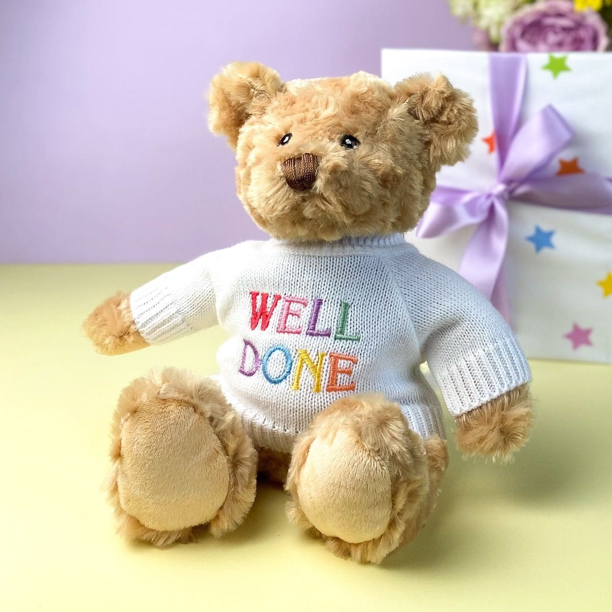 Keeleco recycled small Dougie gift bear soft toy with 'Well Done' jumper