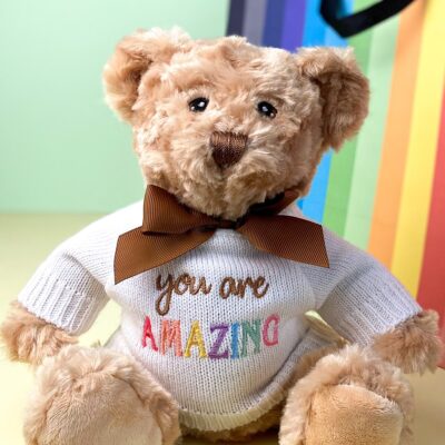 Keeleco recycled small Dougie caring bear soft toy with ‘You Are Amazing’ jumper 3