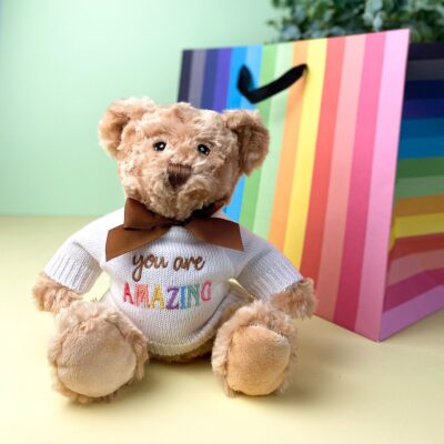 Keeleco recycled small Dougie caring bear soft toy with ‘You Are Amazing’ jumper Personalised Soft Toys