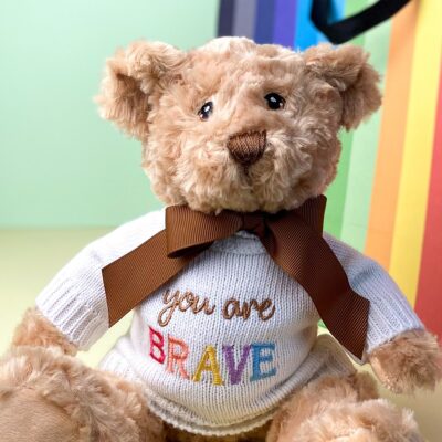 Keeleco recycled small Dougie caring bear soft toy with ‘You Are Brave’ jumper For Babies 2