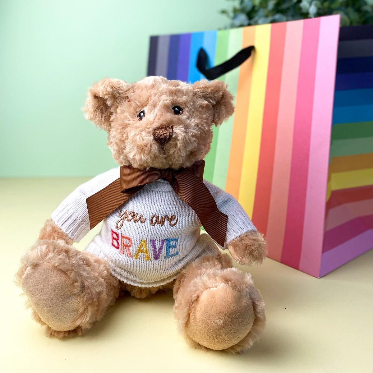 Keeleco recycled small Dougie caring bear soft toy with ‘You Are Brave’ jumper For Babies 2