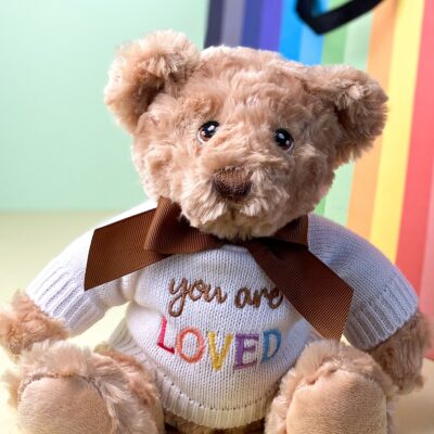 Keeleco recycled small Dougie caring bear soft toy with ‘You Are Loved’ jumper For Babies 2