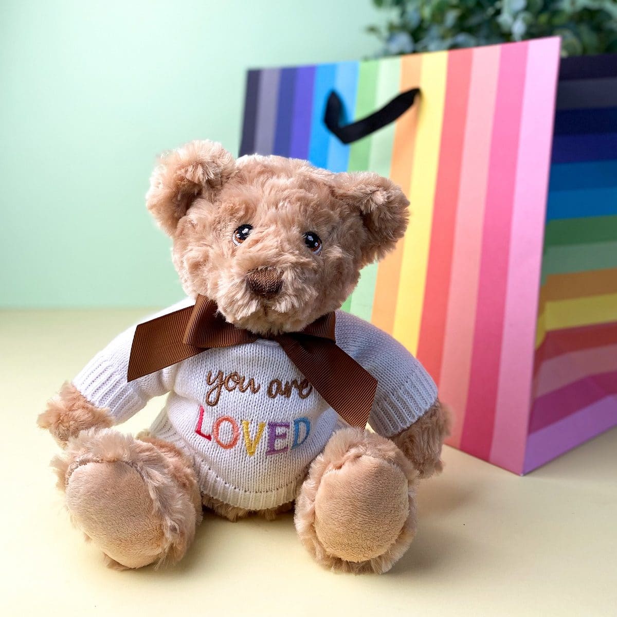 Keeleco recycled small Dougie caring bear soft toy with ‘You Are Loved’ jumper For Babies 2