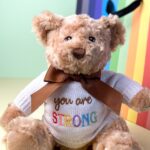 Keeleco recycled small Dougie caring bear soft toy with ‘You Are Strong’ jumper For Babies 4