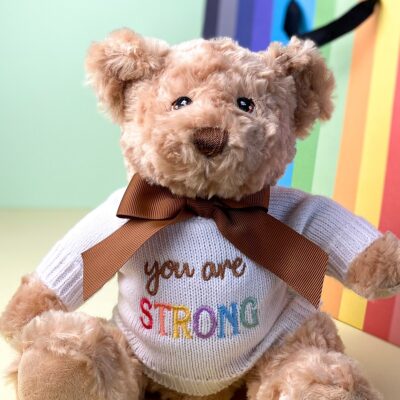 Keeleco recycled small Dougie caring bear soft toy with ‘You Are Strong’ jumper For Babies 2