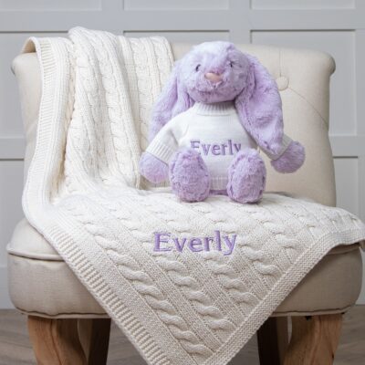 Personalised Toffee Moon luxury cable blanket and Jellycat lilac bashful bunny baby gift set 2