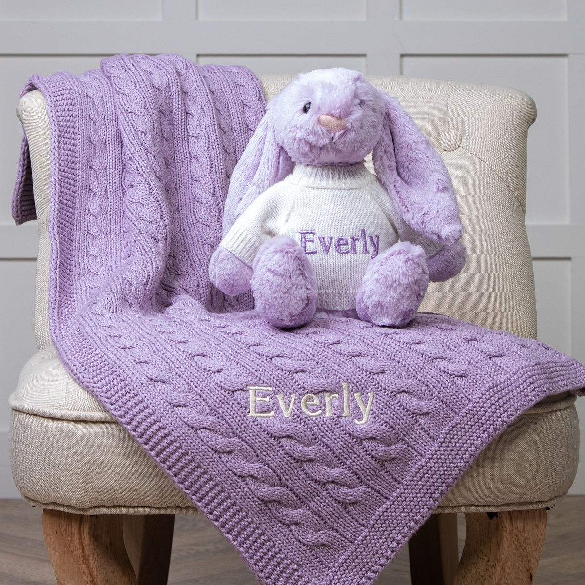 Personalised Toffee Moon luxury cable blanket and Jellycat lilac bashful bunny baby gift set